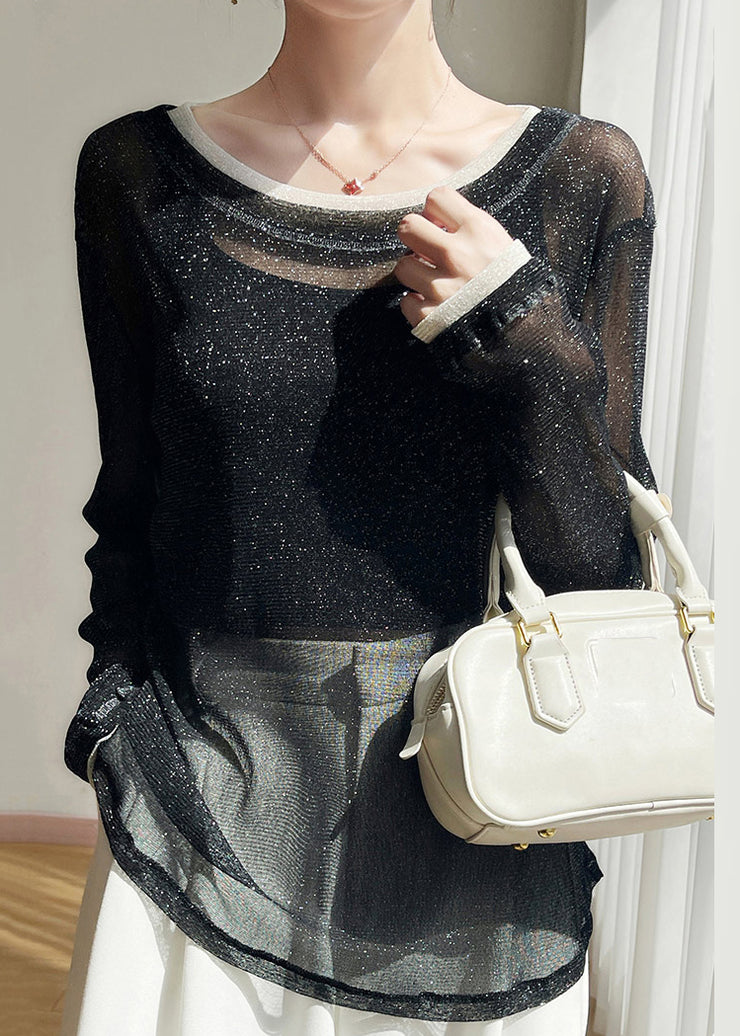 New Black O Neck Thin Patchwork Tulle T Shirts Summer