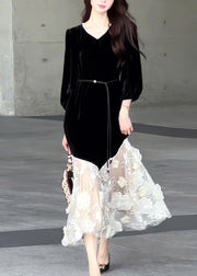 New Black O Neck Tulle Patchwork Velvet Long Dresses Fall