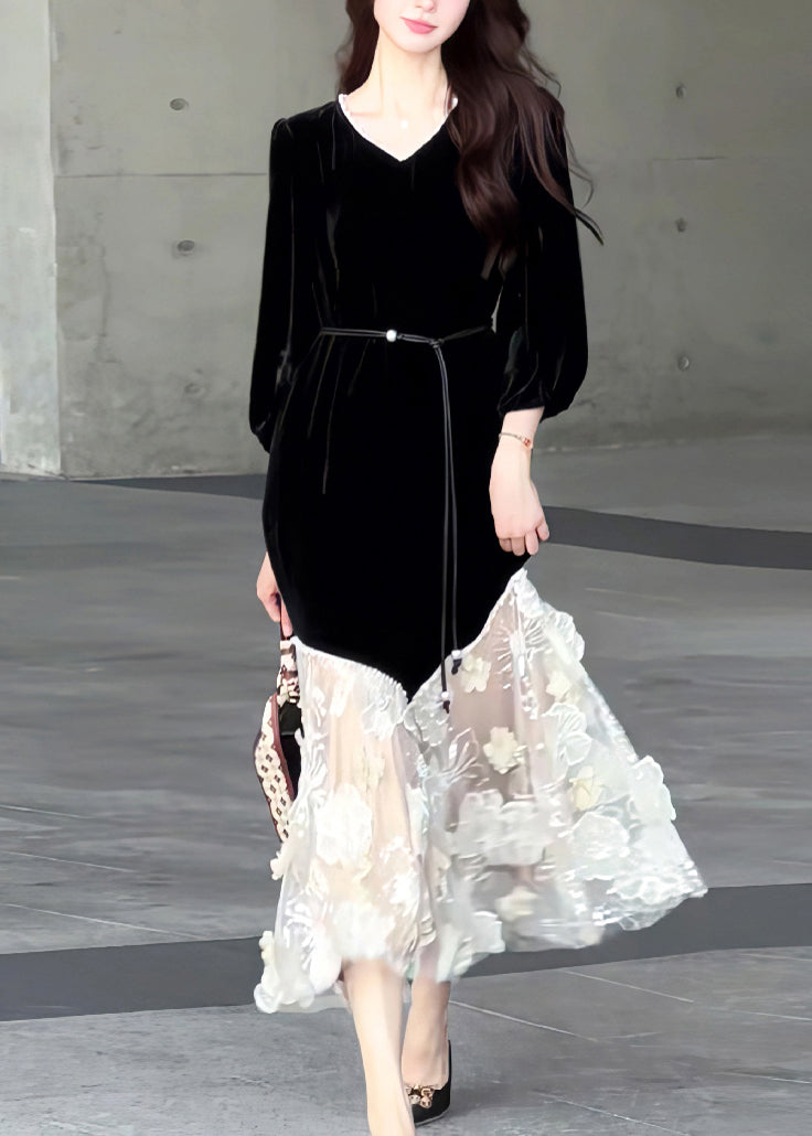 New Black O Neck Tulle Patchwork Velvet Long Dresses Fall