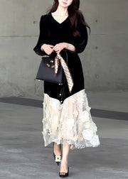 New Black O Neck Tulle Patchwork Velvet Long Dresses Fall