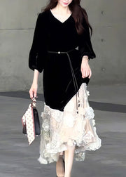 New Black O Neck Tulle Patchwork Velvet Long Dresses Fall