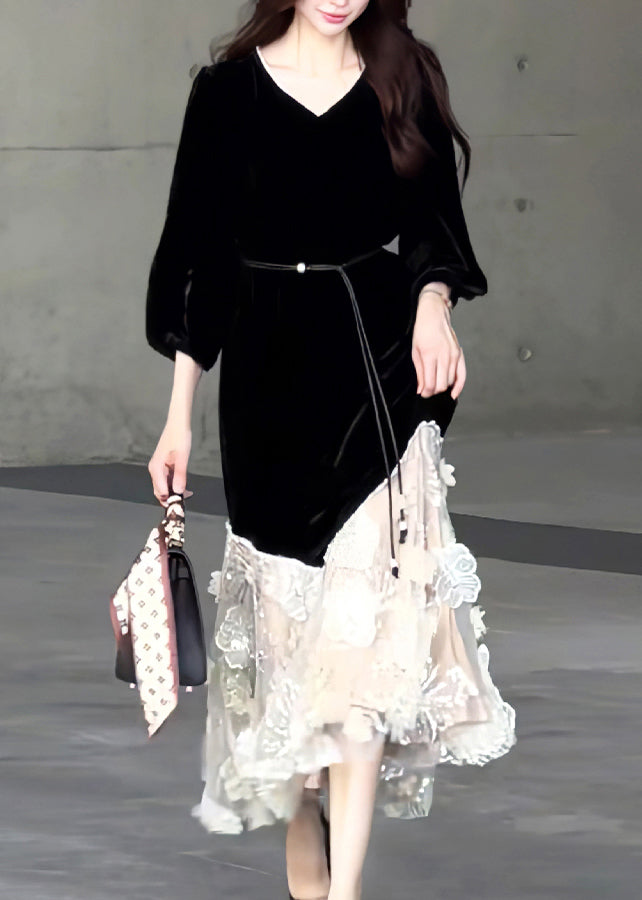 New Black O Neck Tulle Patchwork Velvet Long Dresses Fall