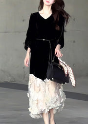 New Black O Neck Tulle Patchwork Velvet Long Dresses Fall