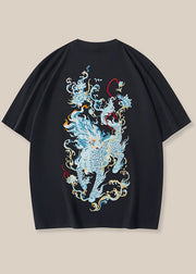 New Black Oriental Embroideried Cotton Mens T Shirt Summer
