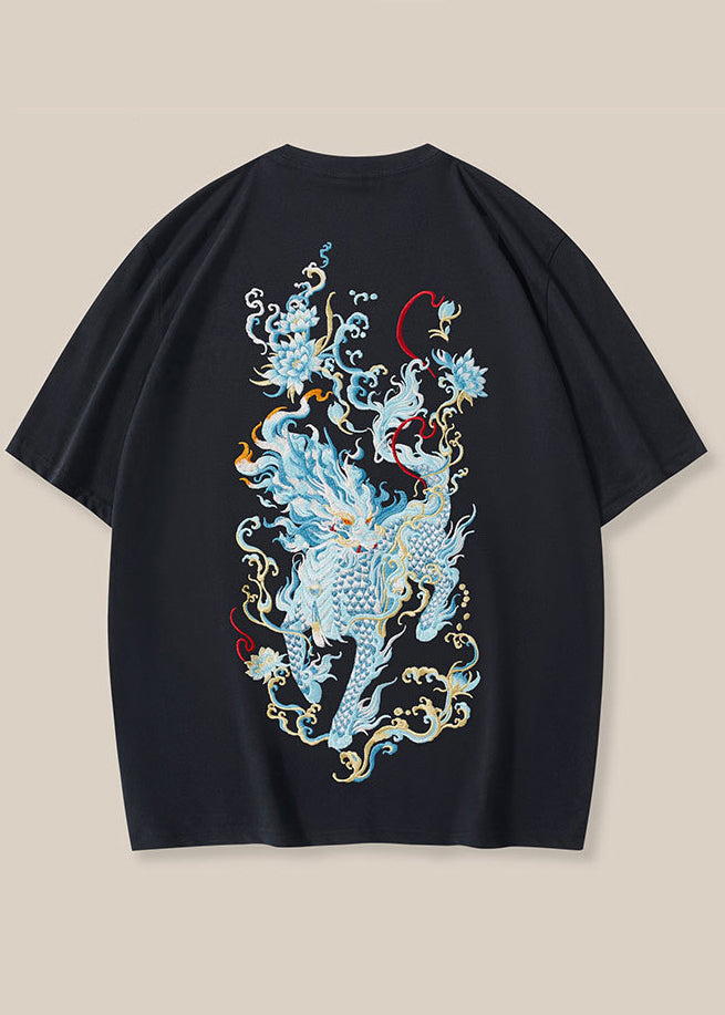 New Black Oriental Embroideried Cotton Mens T Shirt Summer