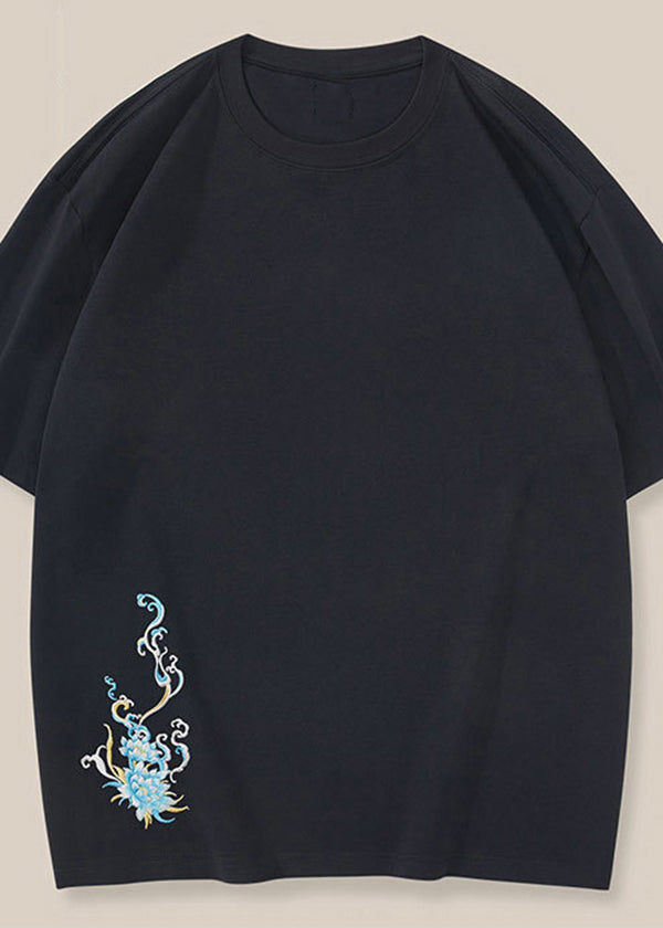 New Black Oriental Embroideried Cotton Mens T Shirt Summer