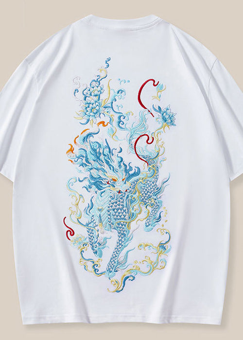 New Black Oriental Embroideried Cotton Mens T Shirt Summer