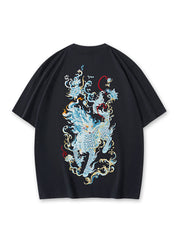 New Black Oriental Embroideried Cotton Mens T Shirt Summer