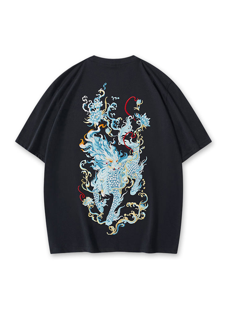 New Black Oriental Embroideried Cotton Mens T Shirt Summer