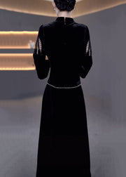 New Black Pearl Hollow Out False Two Pieces Silk Velvet Dresses Bracelet Sleeve