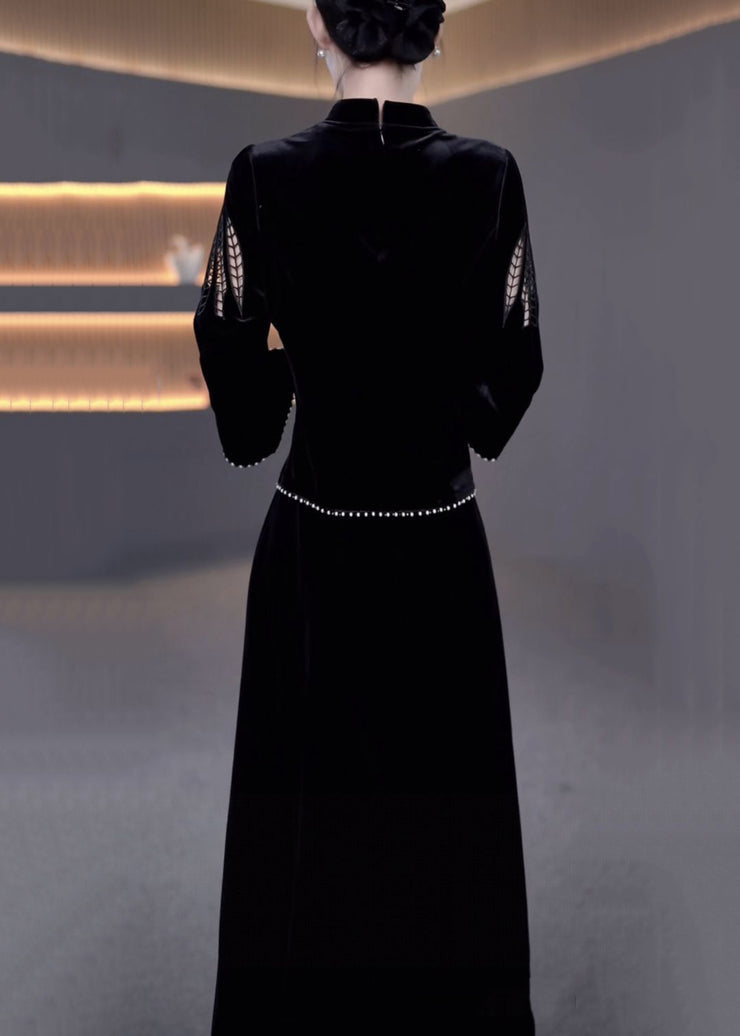 New Black Pearl Hollow Out False Two Pieces Silk Velvet Dresses Bracelet Sleeve