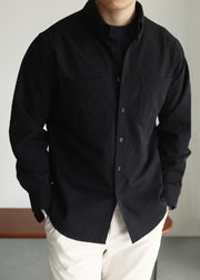 New Black Peter Pan Collar Button Cotton Men Shirts Fall