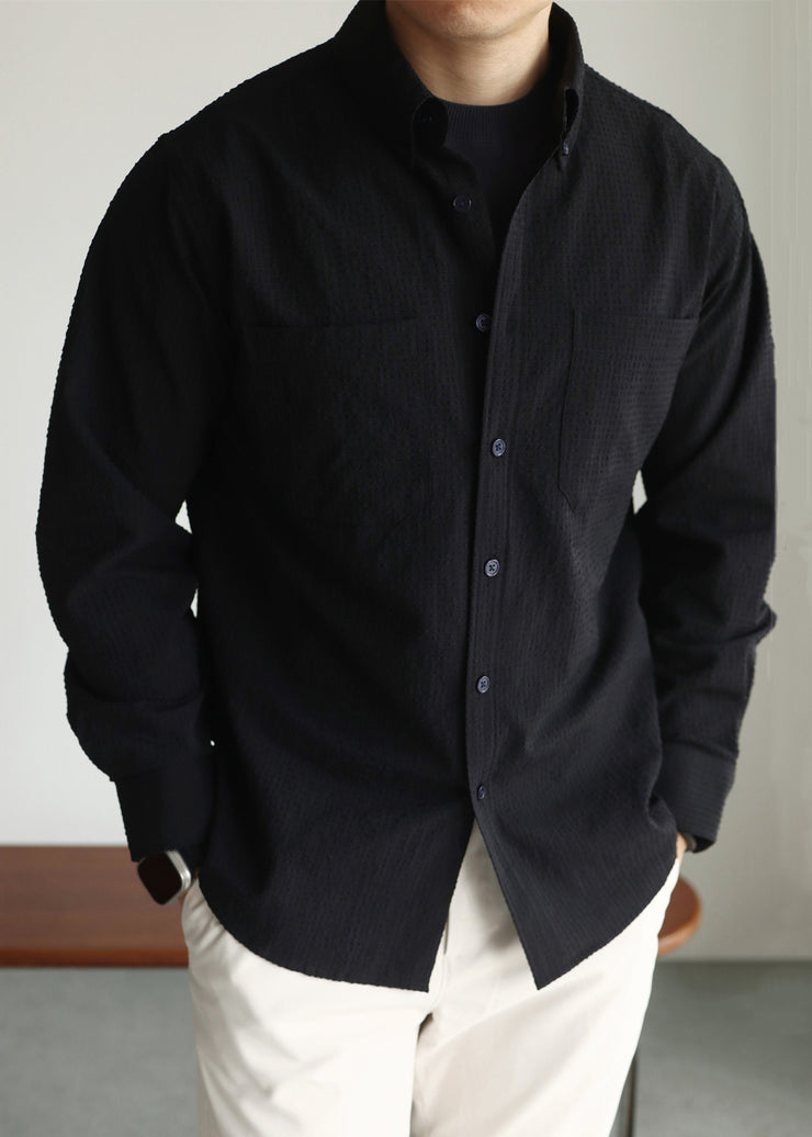 New Black Peter Pan Collar Button Cotton Men Shirts Fall