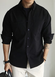 New Black Peter Pan Collar Button Cotton Men Shirts Fall