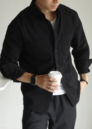 New Black Peter Pan Collar Button Cotton Men Shirts Fall