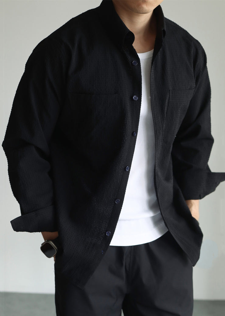 New Black Peter Pan Collar Button Cotton Men Shirts Fall
