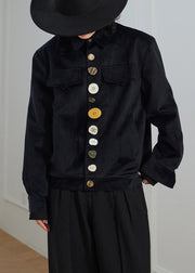 New Black Peter Pan Collar Button Pockets Corduroy Jackets Fall