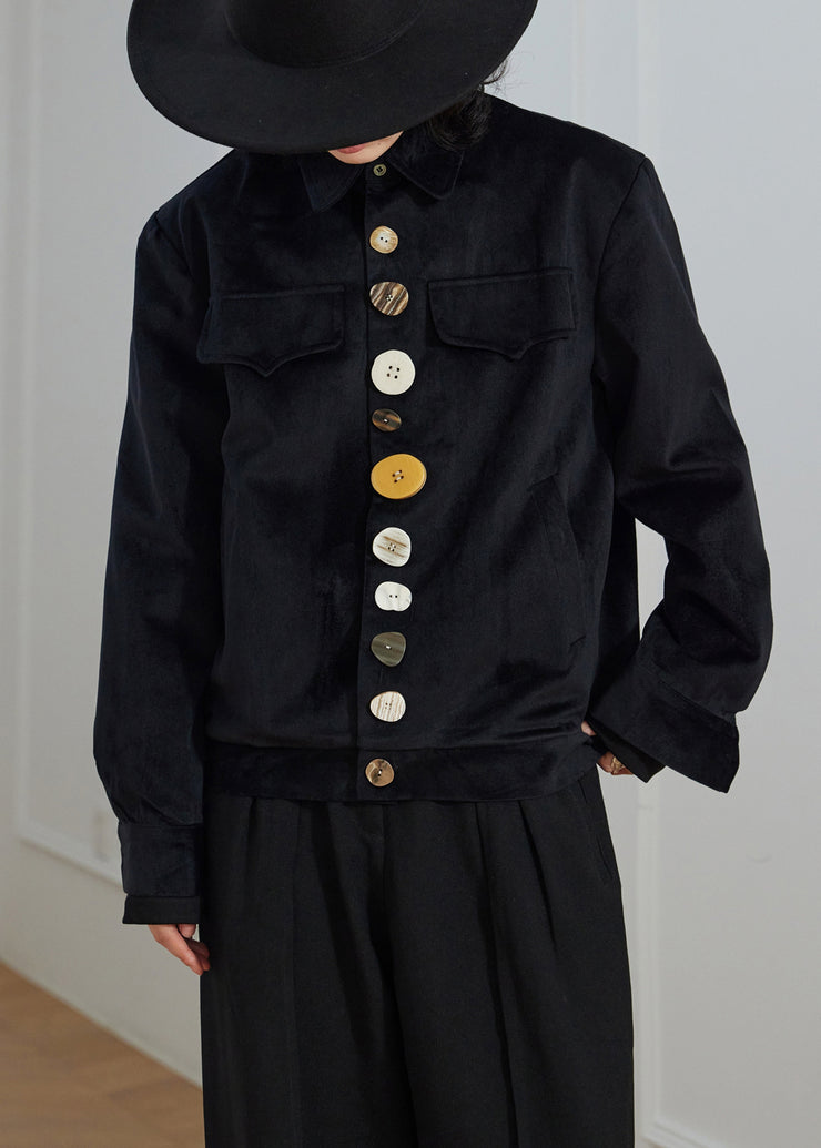New Black Peter Pan Collar Button Pockets Corduroy Jackets Fall
