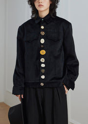 New Black Peter Pan Collar Button Pockets Corduroy Jackets Fall