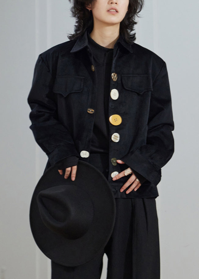 New Black Peter Pan Collar Button Pockets Corduroy Jackets Fall