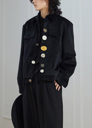 New Black Peter Pan Collar Button Pockets Corduroy Jackets Fall
