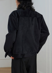 New Black Peter Pan Collar Button Pockets Corduroy Jackets Fall