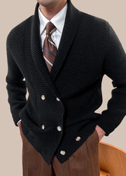 New Black Peter Pan Collar Double Breast Cotton Knit Mens Coat Fall