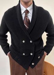 New Black Peter Pan Collar Double Breast Cotton Knit Mens Coat Fall