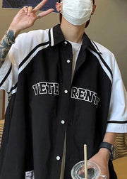 New Black Peter Pan Collar Letter Patchwork Cotton Shirts Men Half Sleeve