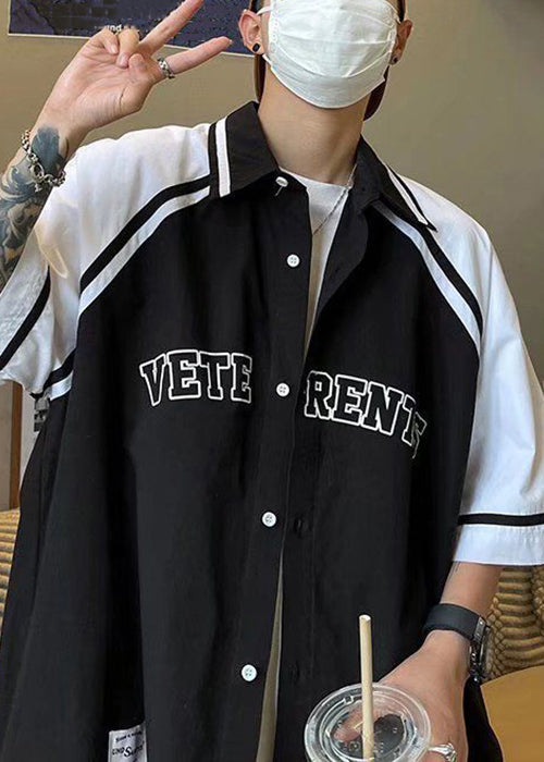 New Black Peter Pan Collar Letter Patchwork Cotton Shirts Men Half Sleeve