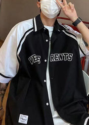 New Black Peter Pan Collar Letter Patchwork Cotton Shirts Men Half Sleeve