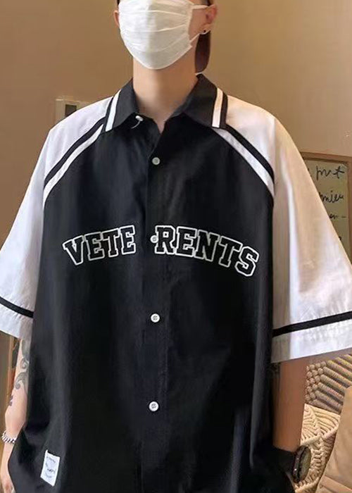 New Black Peter Pan Collar Letter Patchwork Cotton Shirts Men Half Sleeve