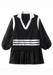 New Black Peter Pan Collar Patchwork False Two Pieces Chiffon Blouses Summer