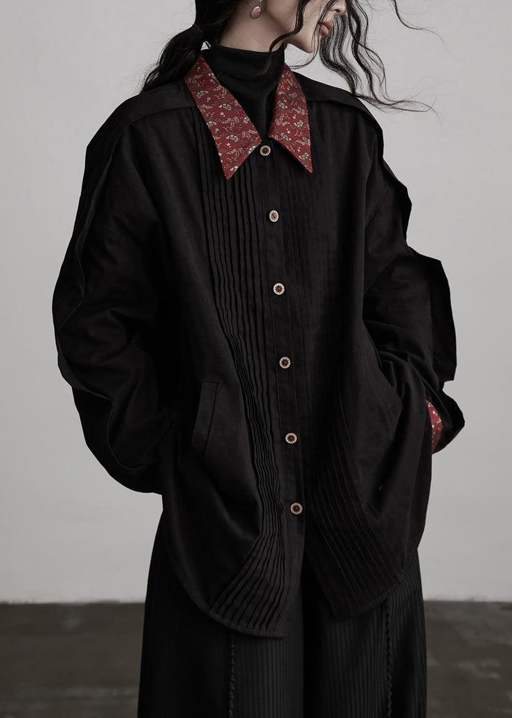New Black Peter Pan Collar Wrinkled Patchwork Cotton Shirts Top Fall