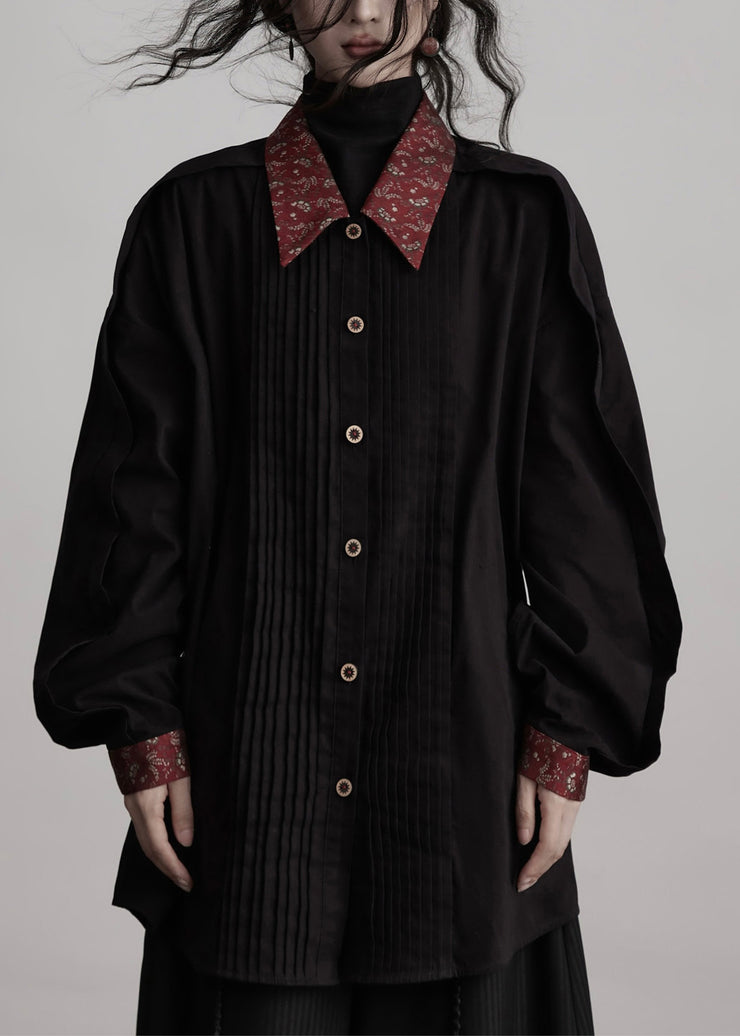 New Black Peter Pan Collar Wrinkled Patchwork Cotton Shirts Top Fall