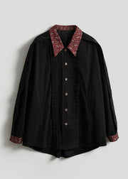 New Black Peter Pan Collar Wrinkled Patchwork Cotton Shirts Top Fall