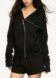 New Black Peter Pan Collar Zip Up Pockets Cotton Coats Fall