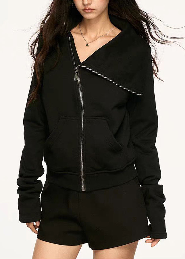 New Black Peter Pan Collar Zip Up Pockets Cotton Coats Fall
