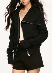 New Black Peter Pan Collar Zip Up Pockets Cotton Coats Fall