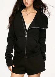 New Black Peter Pan Collar Zip Up Pockets Cotton Coats Fall