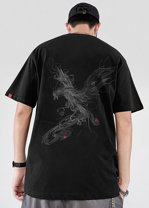 New Black Phoenix Embroideried Cotton T Shirt Men Summer
