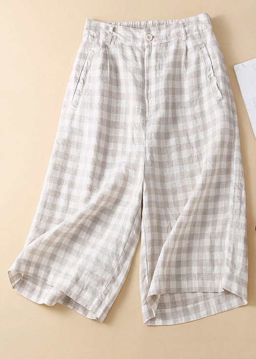 New Black Plaid High Waist Linen Wide Leg Shorts Summer
