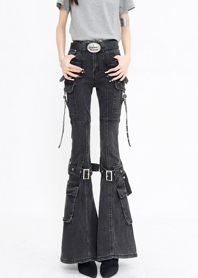 New Black Pockets Buckle Strap Patchwork Denim Flared Trousers Fall