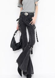 New Black Pockets Buckle Strap Patchwork Denim Flared Trousers Fall