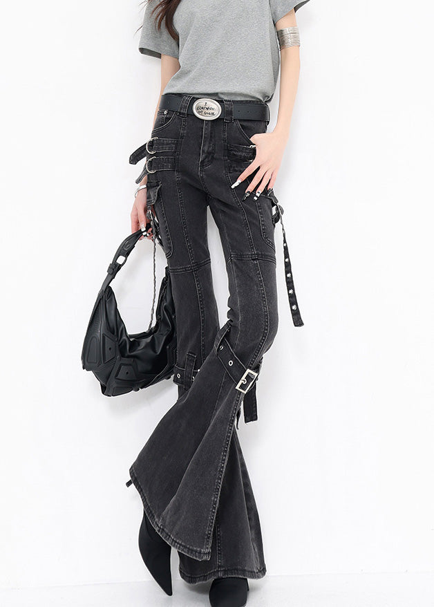 New Black Pockets Buckle Strap Patchwork Denim Flared Trousers Fall
