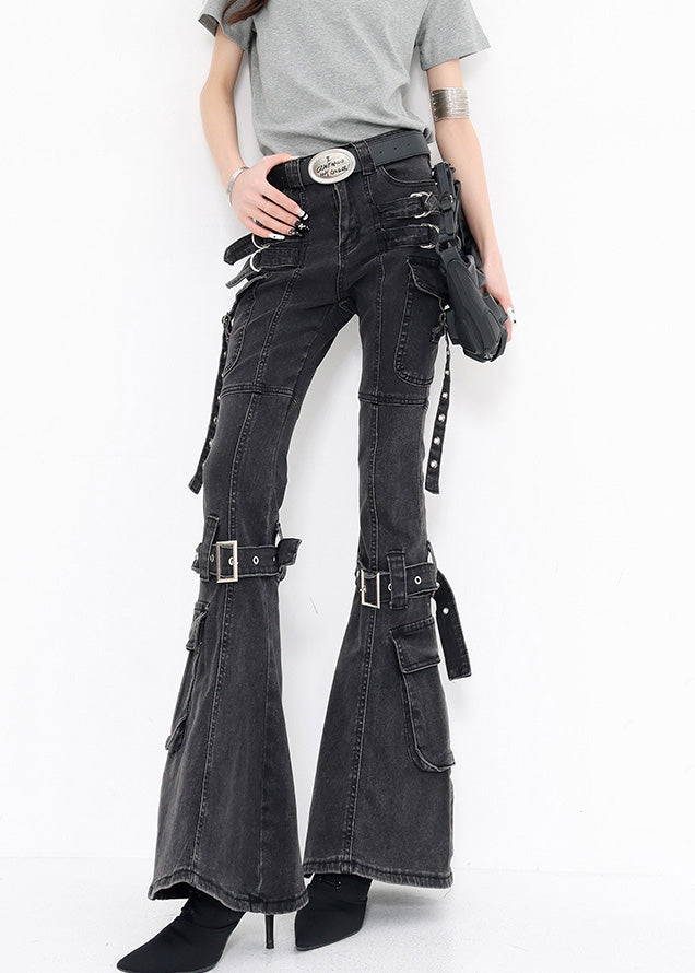 New Black Pockets Buckle Strap Patchwork Denim Flared Trousers Fall