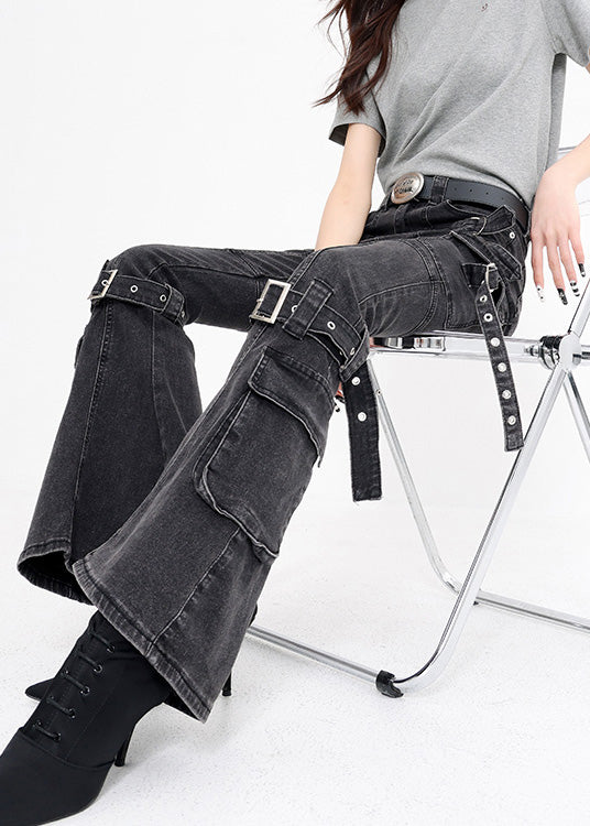 New Black Pockets Buckle Strap Patchwork Denim Flared Trousers Fall