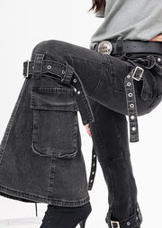 New Black Pockets Buckle Strap Patchwork Denim Flared Trousers Fall