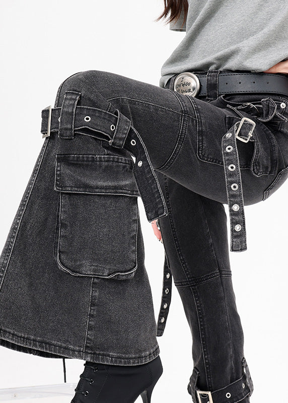 New Black Pockets Buckle Strap Patchwork Denim Flared Trousers Fall