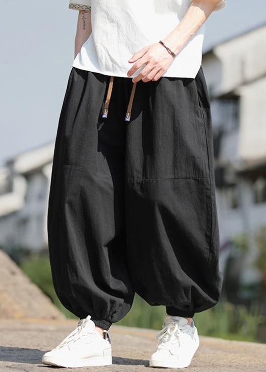 New Black Pockets Elastic Waist Cotton Mens Beam Pants Fall
